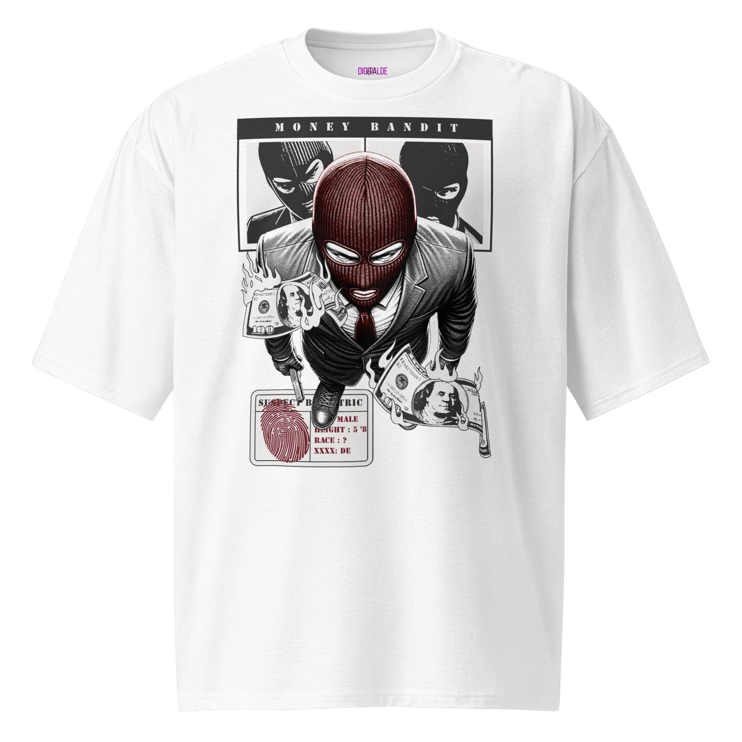 Unisex White Heavy Cotton T-Shirt - 'Money Bandit' Front Design & 'Cha Ching' Print auf der Rückseite - Trendy Streetwear Look
