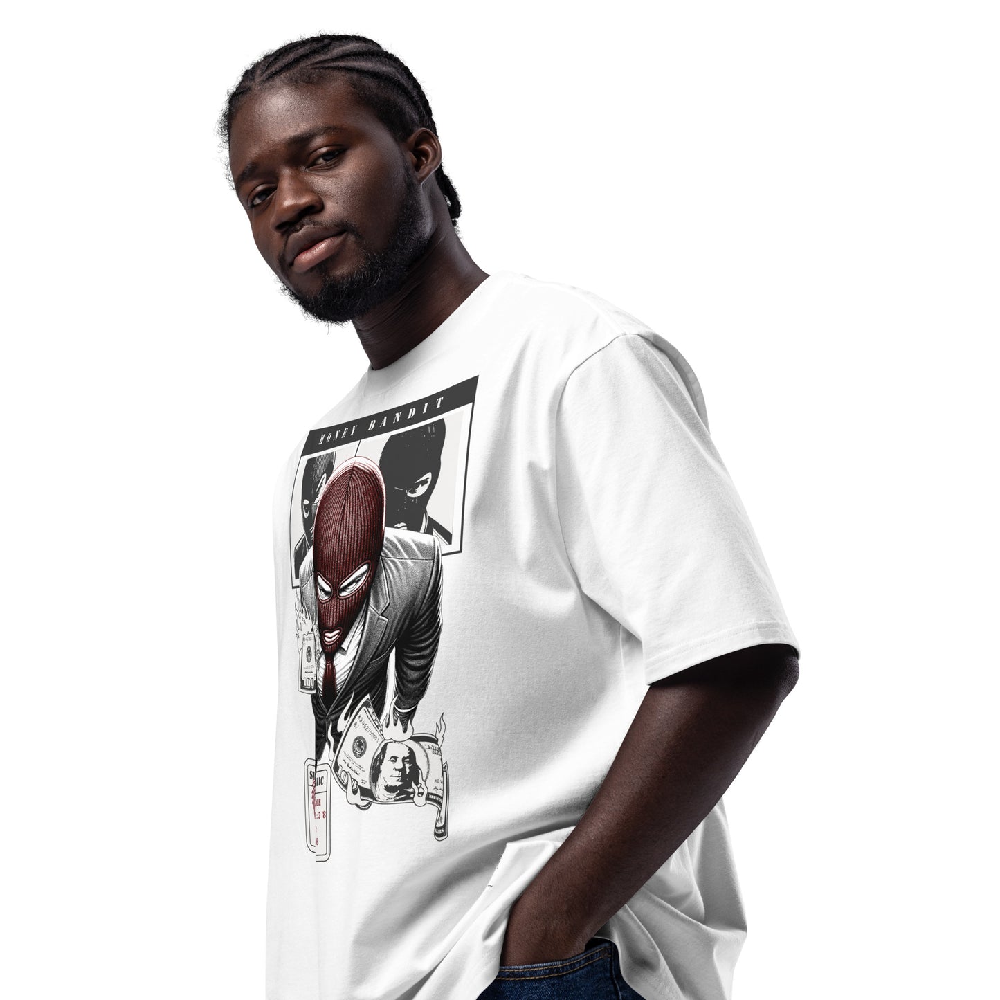 Unisex White Heavy Cotton T-Shirt - 'Money Bandit' Front Design & 'Cha Ching' Print auf der Rückseite - Trendy Streetwear Look